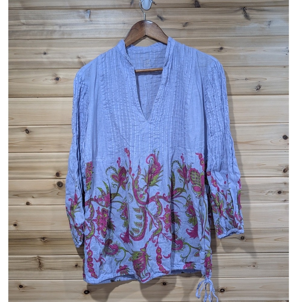 120% Lino Lavender Purple Linen Pintuck‎ Floral Paisley Tunic Top V-Neck Sz L